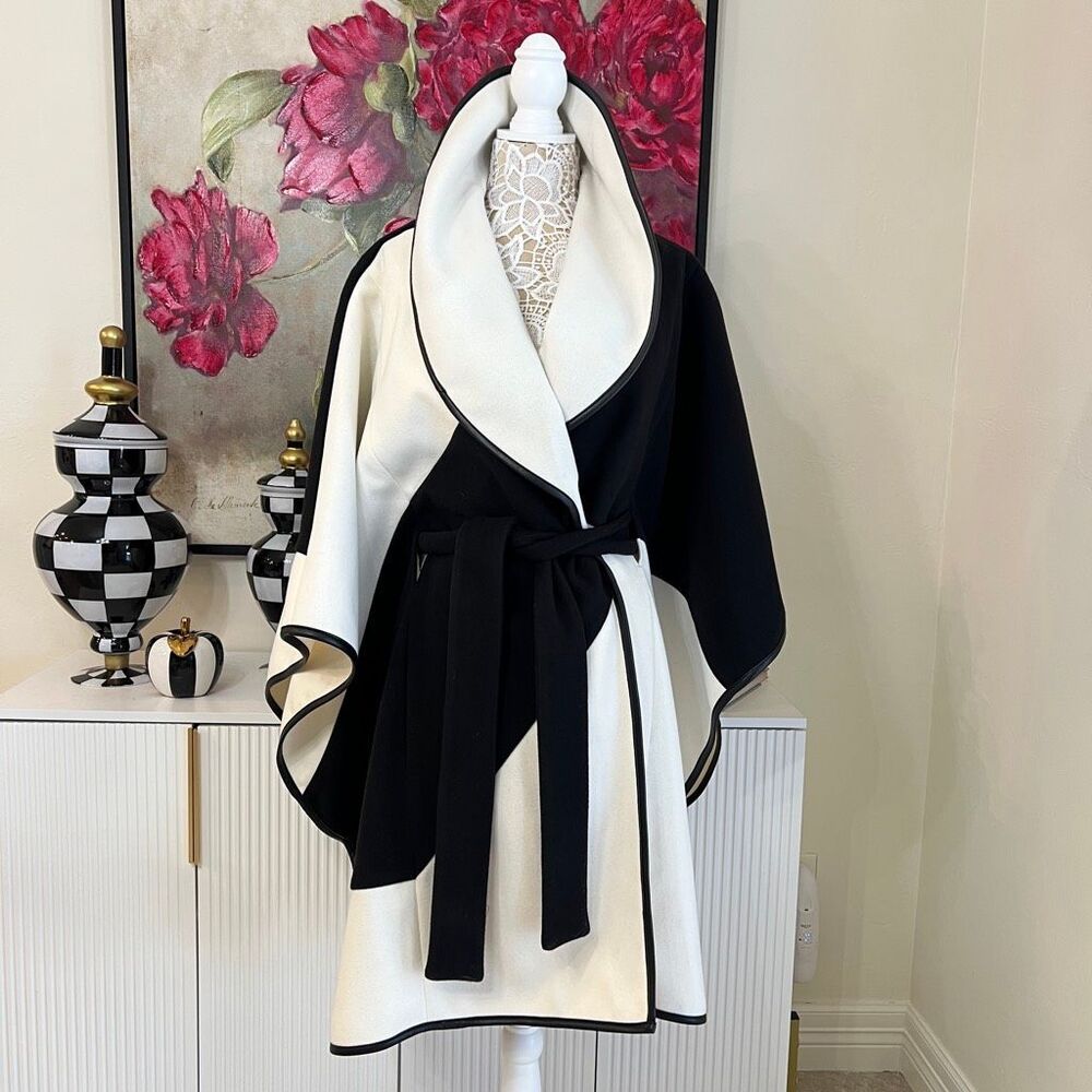 Express Colorblock Shawl Collar Belted Cape Coat Black White Medium/Large